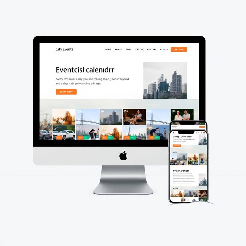 A responsive website design layout across desktop, tablet, and smartphone screens for 'City Events Calendar', showcasing consistent branding and user experience.