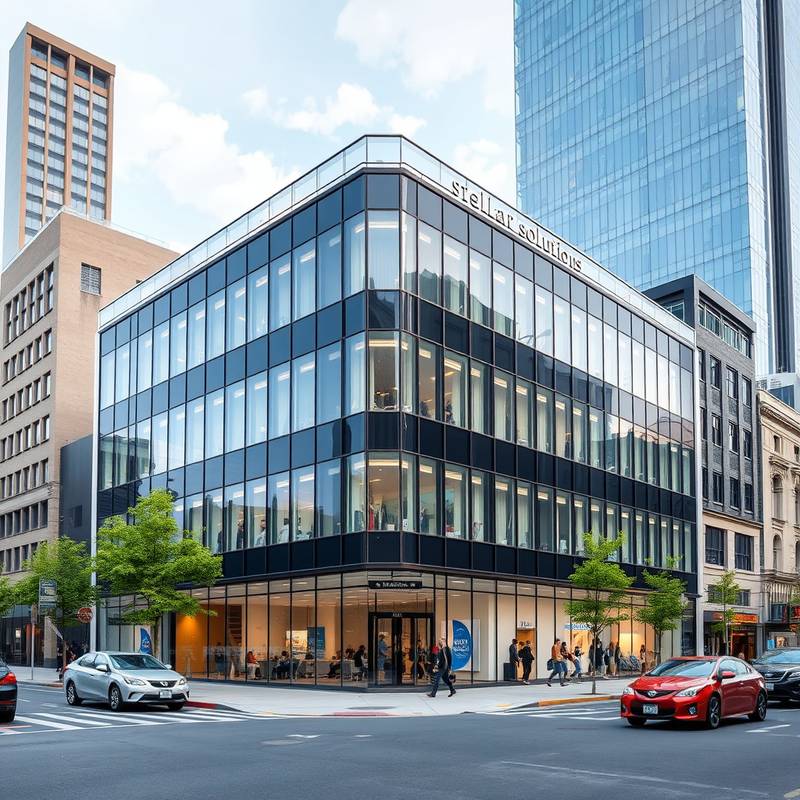 Exterior view of the modern Stellar Solutions office building in a bustling city center.