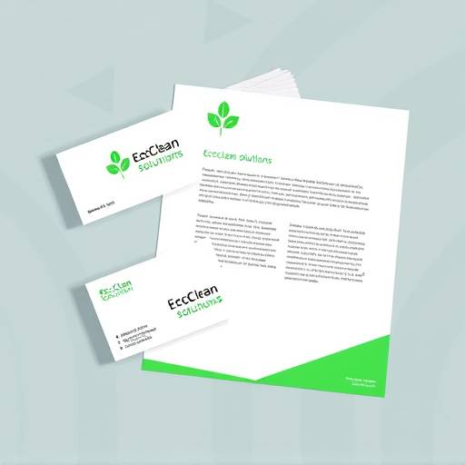 Mockup of 'EcoClean Solutions' branding materials including logo on a business card and letterhead, showcasing a clean, green color scheme and environmentally friendly messaging.