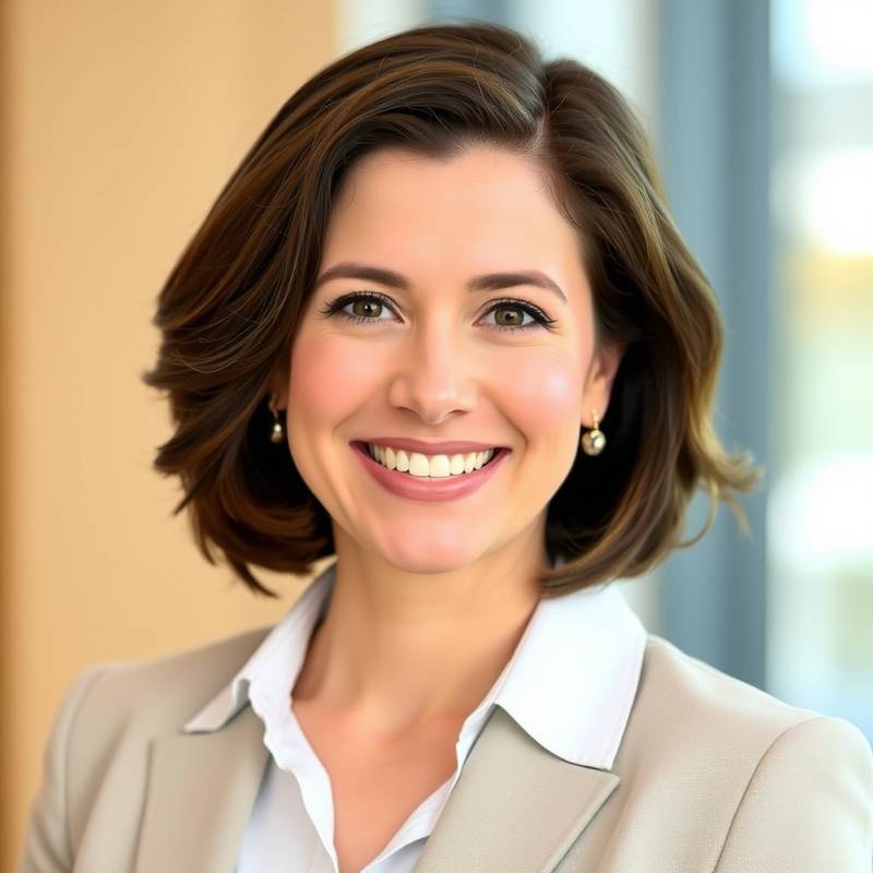Portrait of Anya Petrova, the CEO of Stellar Solutions, smiling confidently.