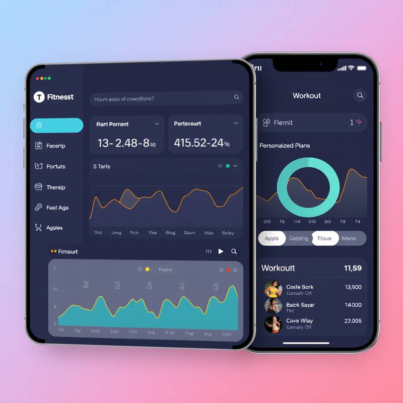 Screenshot of a mobile app interface for 'Fitness First', showing a workout tracking dashboard with graphs and personalized fitness plans.