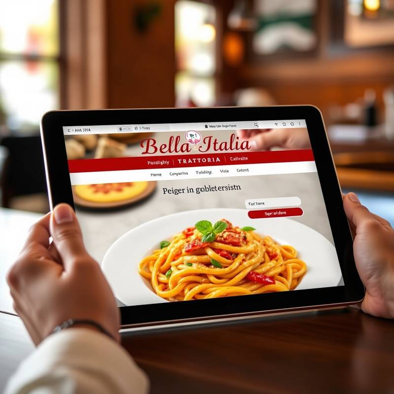 Screenshot of 'Bella Italia Trattoria' website on a tablet showing a tempting image of pasta, highlighting online ordering options and restaurant information.