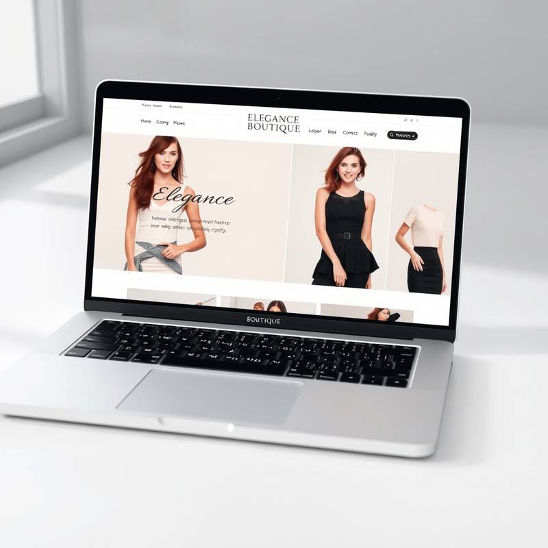 Screenshot of 'Elegance Boutique' e-commerce website homepage on a laptop screen, featuring a clean, modern design with a focus on high-quality fashion photography.